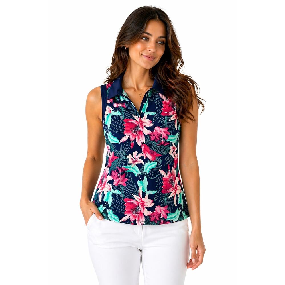 Tommy Bahama Navy Floral Sleeveless Resort Polo Tank Large